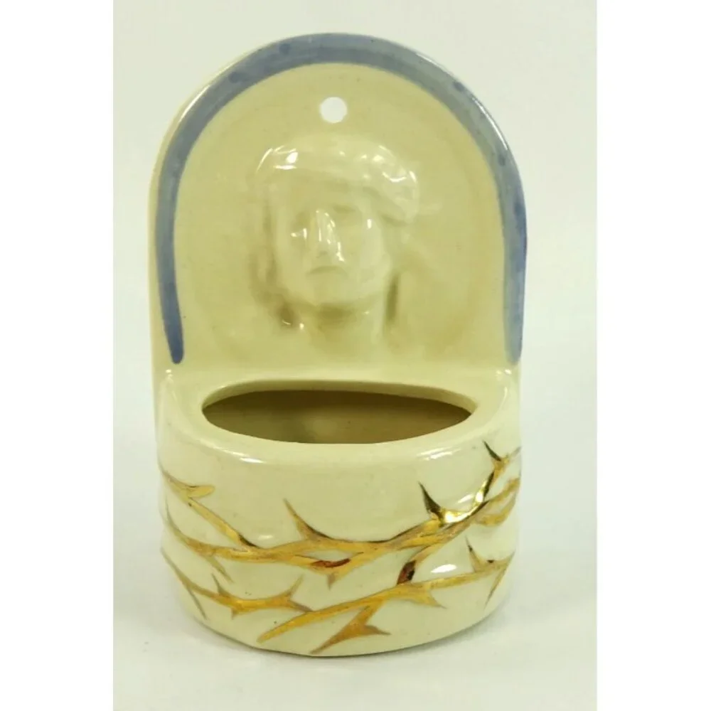 Holy Water Font Wall Hanging Ceramic Jesus Crown of Thorns White Blue USA - Picture 2 of 9